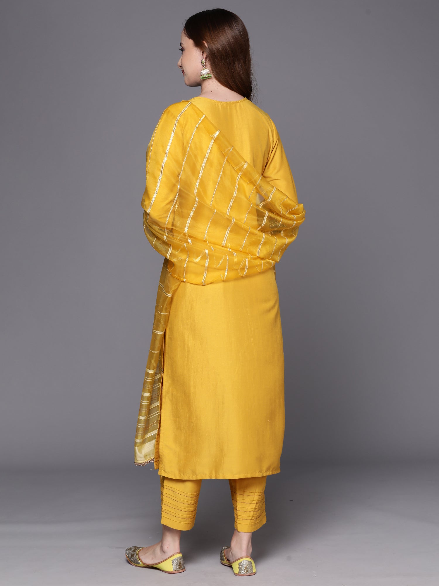 Yellow Embroidered Straight Kurta Trousers With Dupatta Set