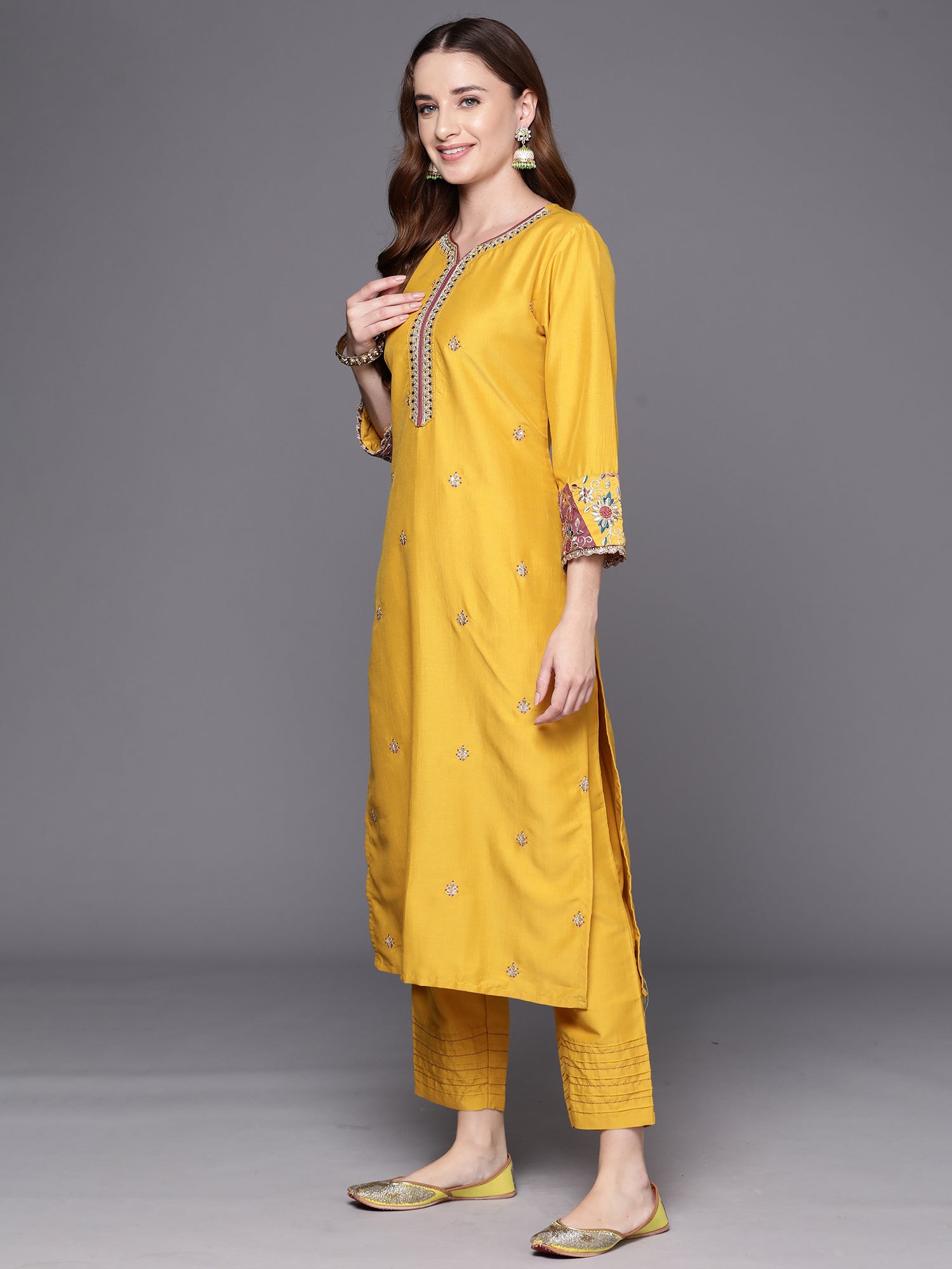 Yellow Embroidered Straight Kurta Trousers With Dupatta Set