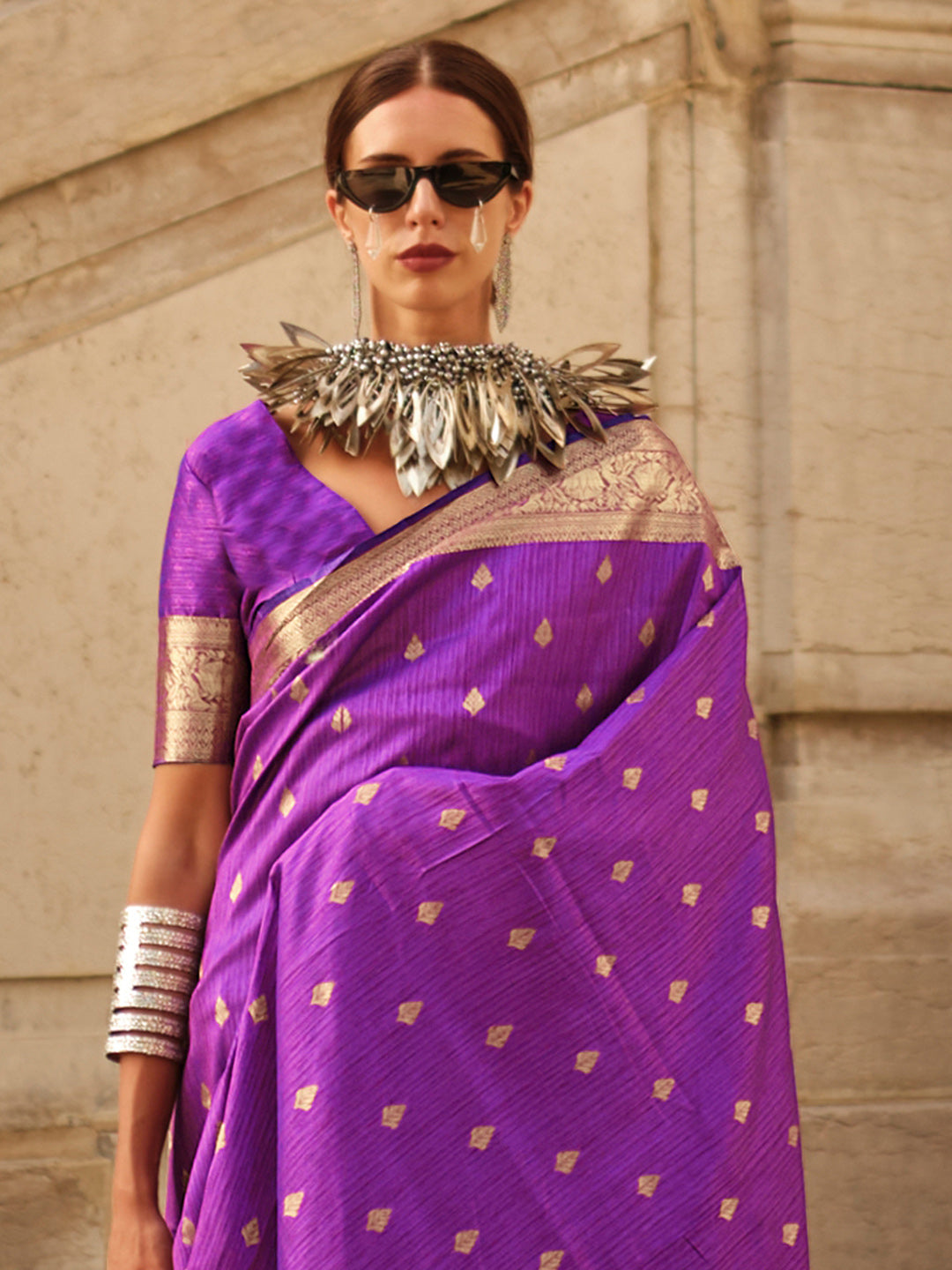 Silk Blend Purple Woven Design Designer Saree With Blouse