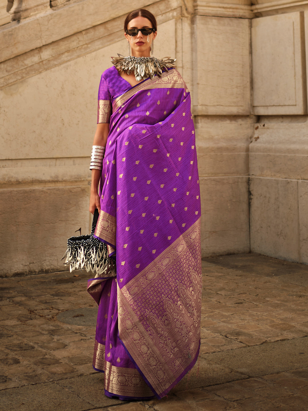 Silk Blend Purple Woven Design Designer Saree With Blouse
