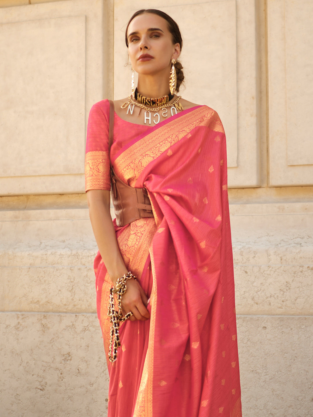 Silk Blend Pink Woven Design Designer Saree With Blouse