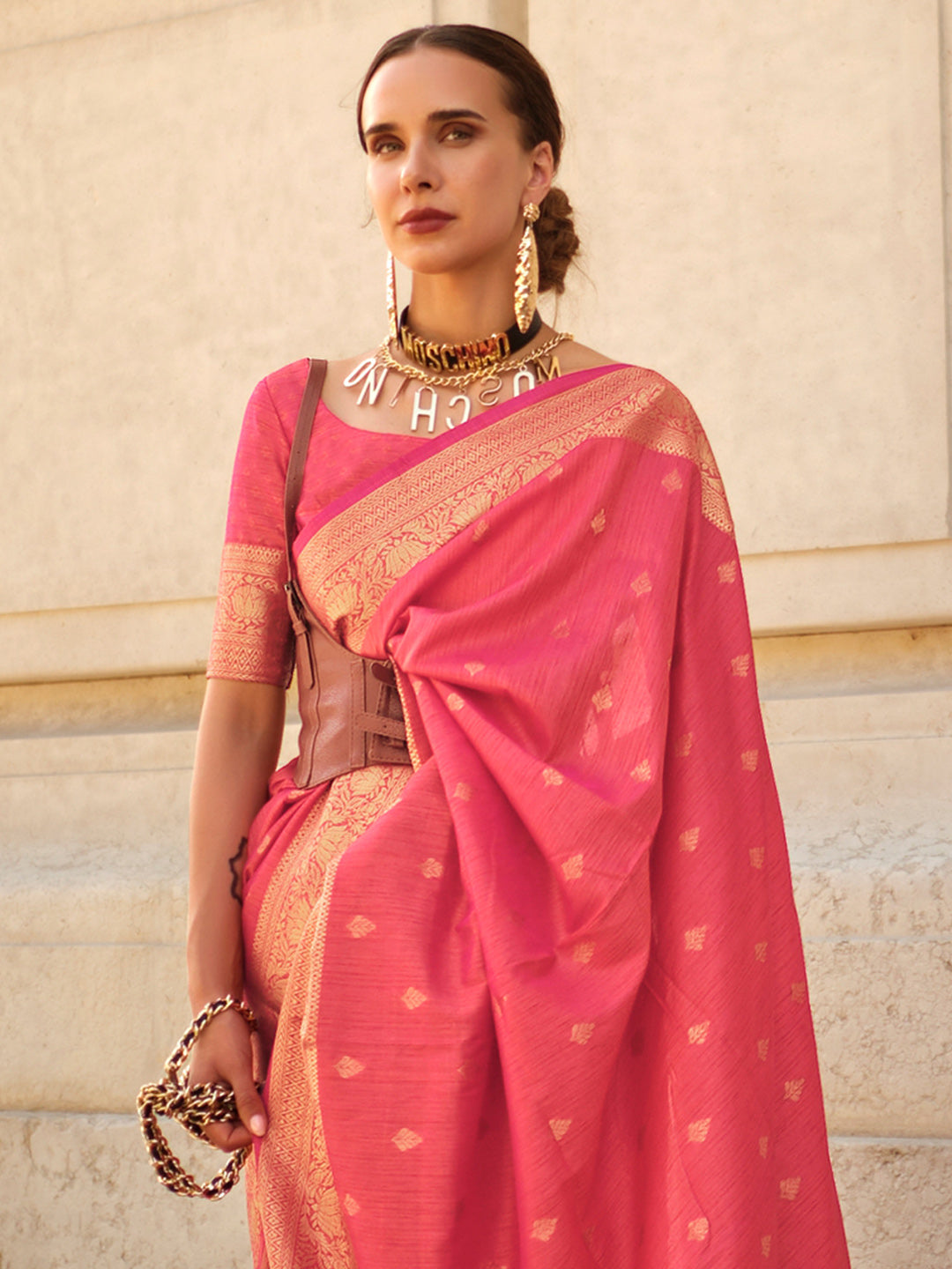 Silk Blend Pink Woven Design Designer Saree With Blouse