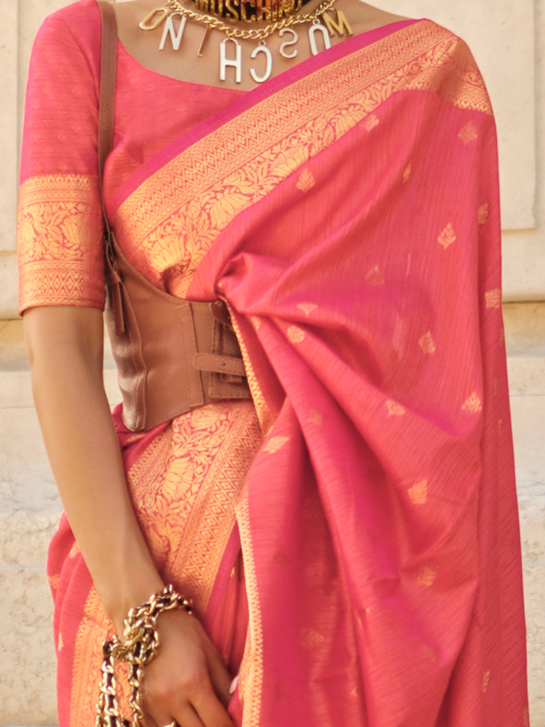 Silk Blend Pink Woven Design Designer Saree With Blouse