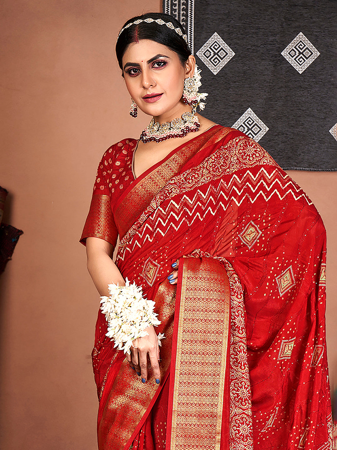 Silk Blend Red Embroidered Designer Saree With Blouse