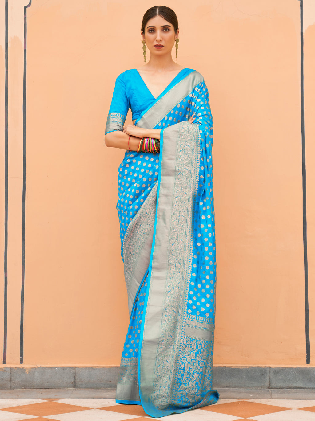 Nylon Turquoise WovenDesign HandloomSaree With Blouse Piece