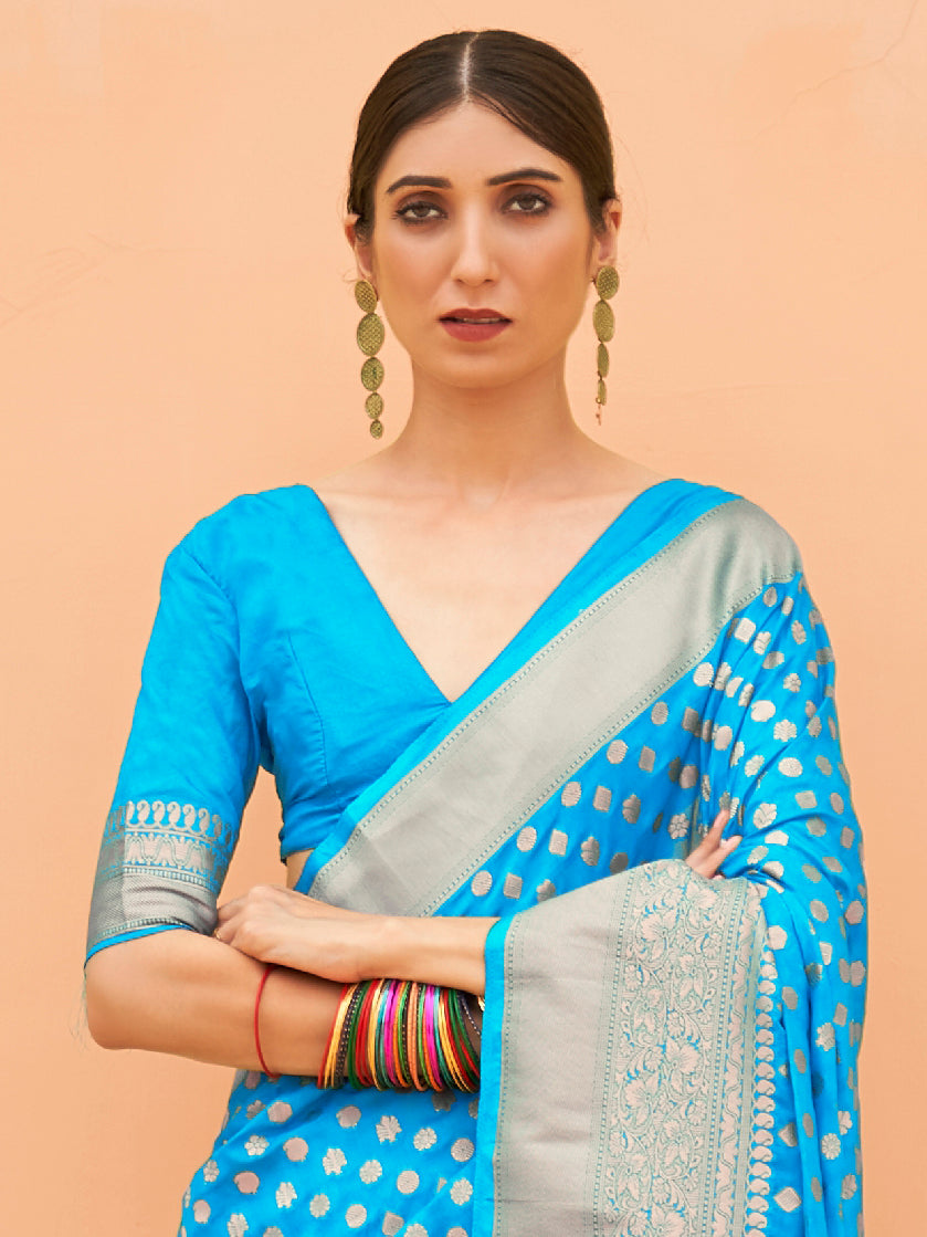 Nylon Turquoise WovenDesign HandloomSaree With Blouse Piece