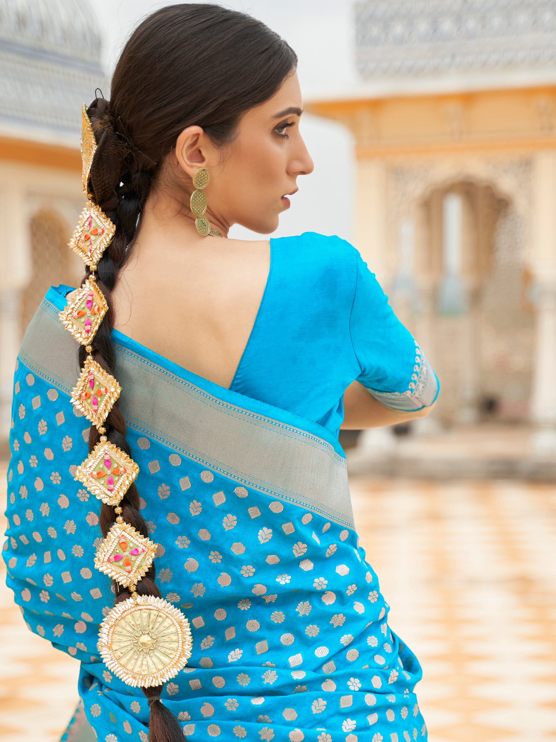 Nylon Turquoise WovenDesign HandloomSaree With Blouse Piece