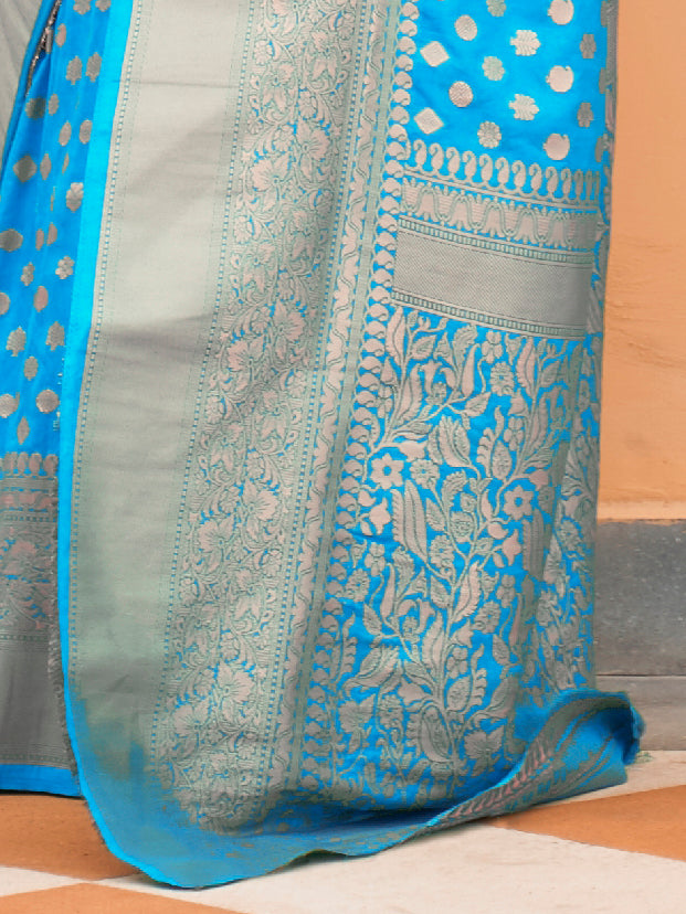 Nylon Turquoise WovenDesign HandloomSaree With Blouse Piece