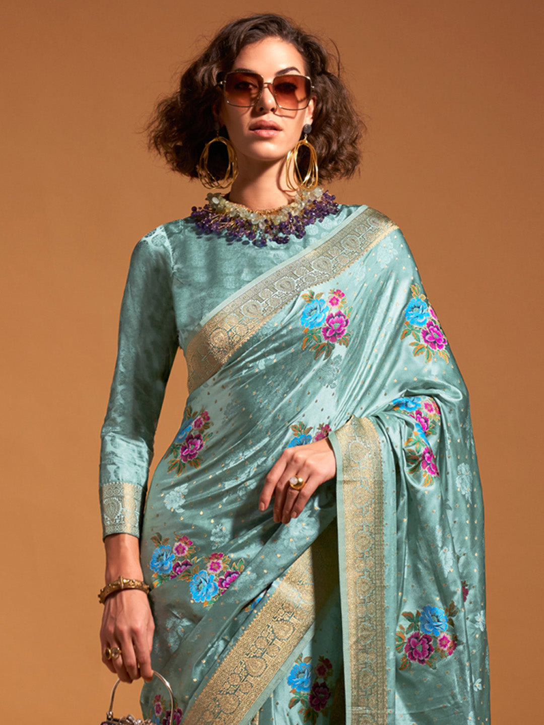 Satin Silk Light Blue Woven Design Designer Saree With Blouse