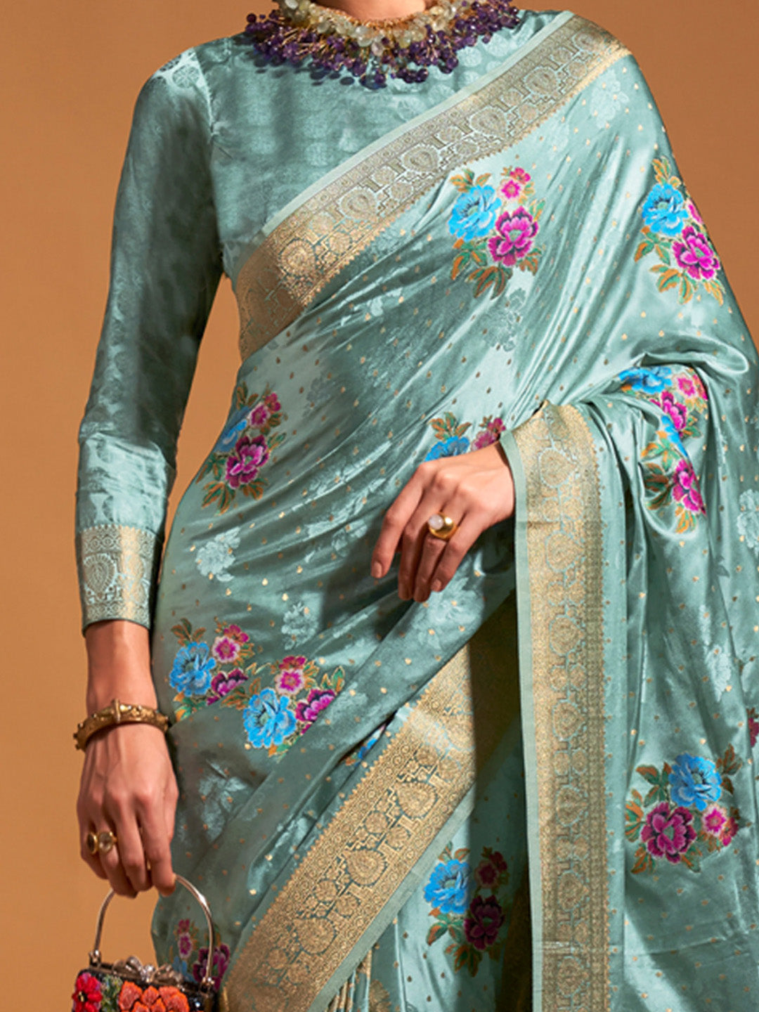 Satin Silk Light Blue Woven Design Designer Saree With Blouse