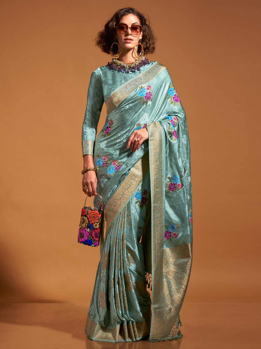 Satin Silk Light Blue Woven Design Designer Saree With Blouse