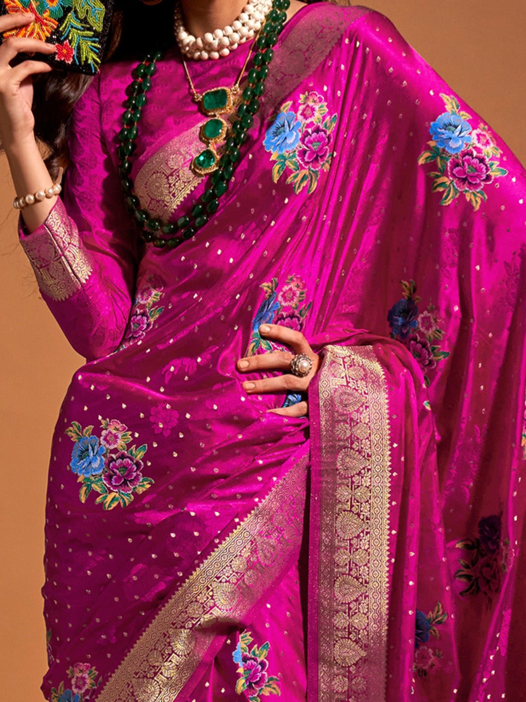 Satin Silk Pink Woven Design Designer Saree With Blouse