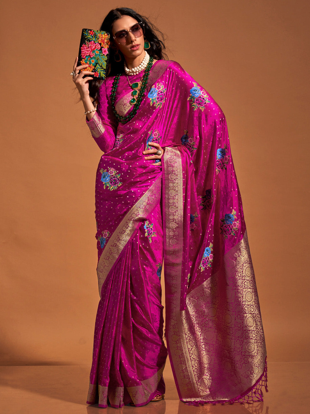 Satin Silk Pink Woven Design Designer Saree With Blouse