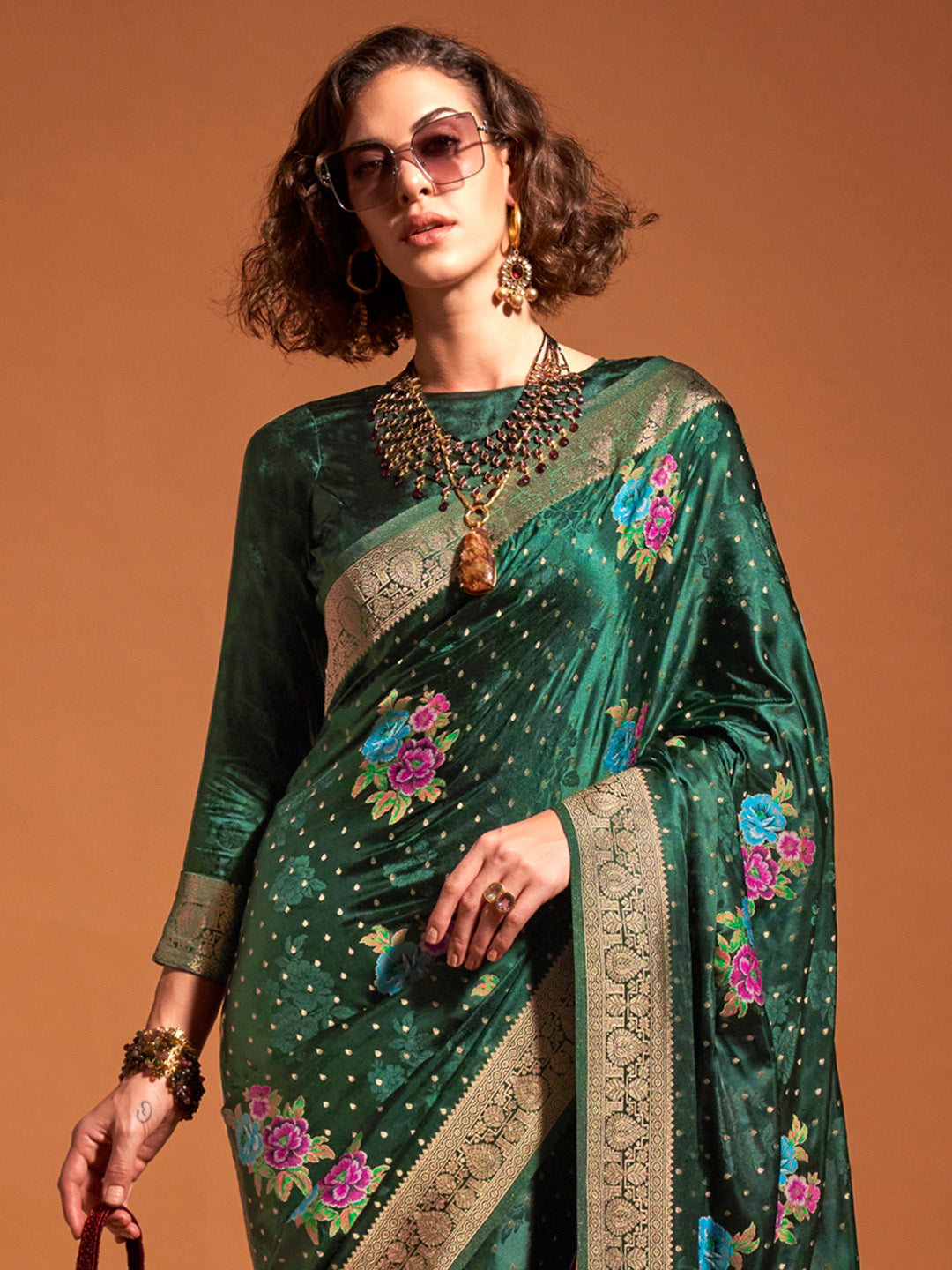 Satin Silk Dark Green Woven Design Designer Saree With Blouse