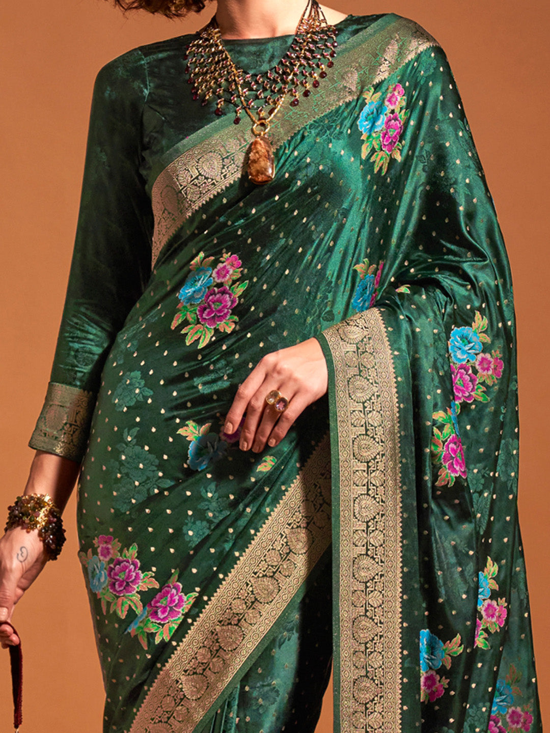 Satin Silk Dark Green Woven Design Designer Saree With Blouse