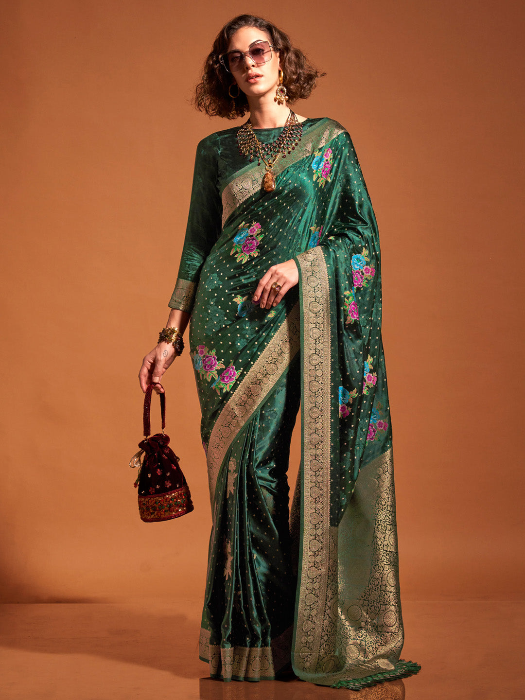 Satin Silk Dark Green Woven Design Designer Saree With Blouse