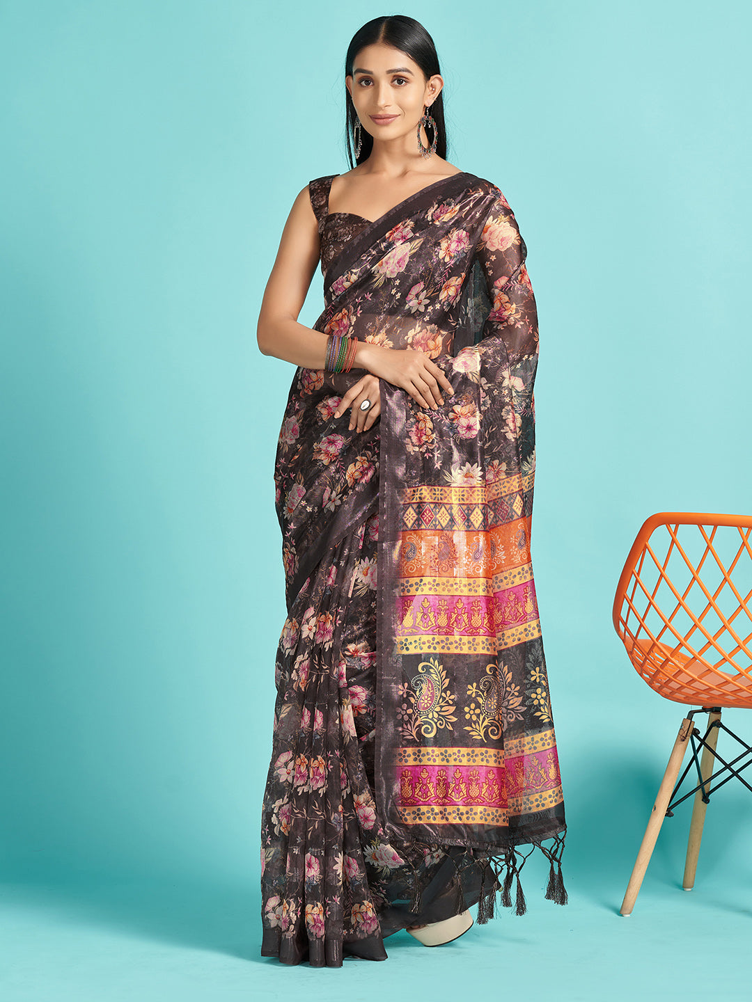 Organza Brown Digital Print Designer Saree With Blouse