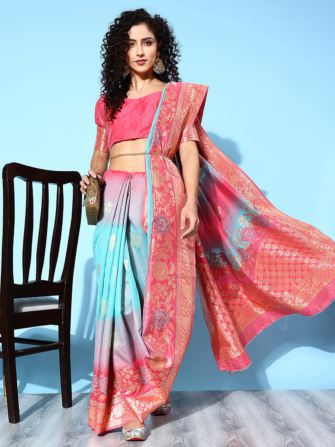 Silk Blend Pink Woven Design Designer Saree With Blouse