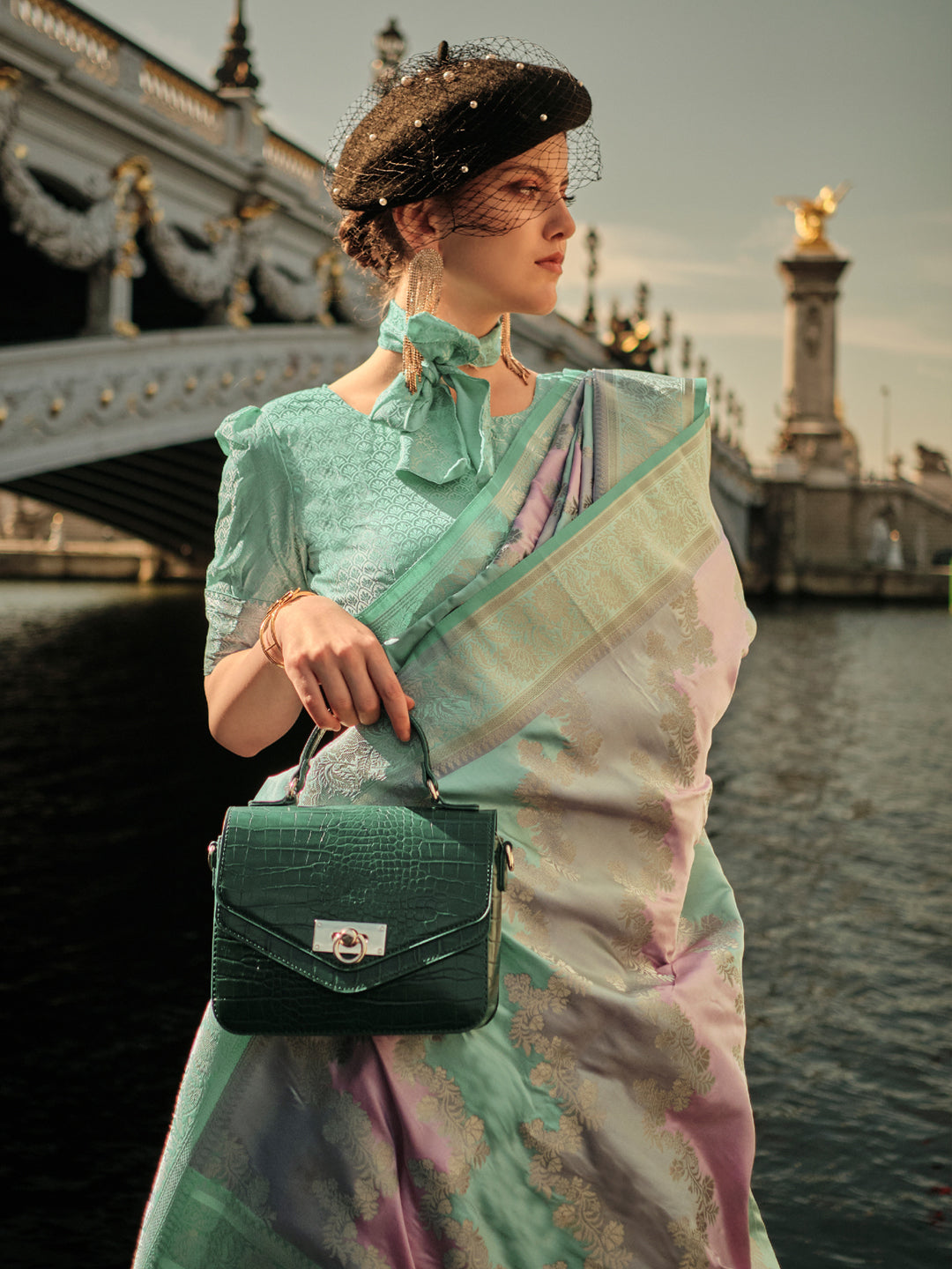 Satin Silk Sea Green Woven Design Designer Saree With Blouse