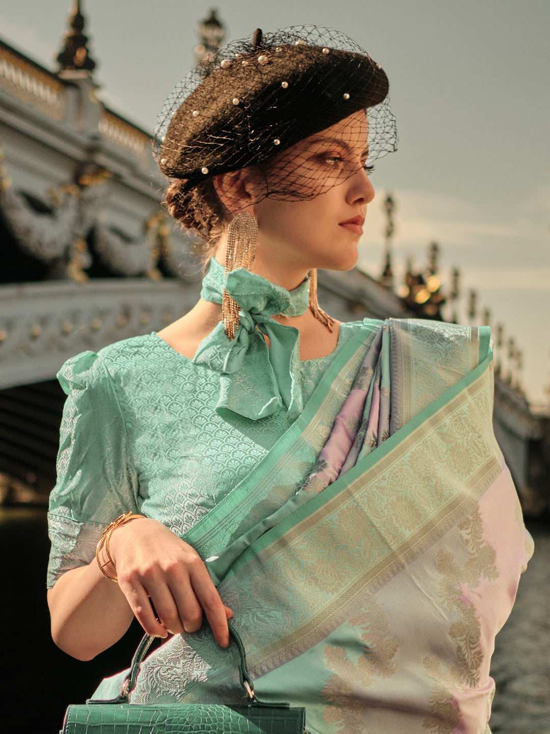 Satin Silk Sea Green Woven Design Designer Saree With Blouse