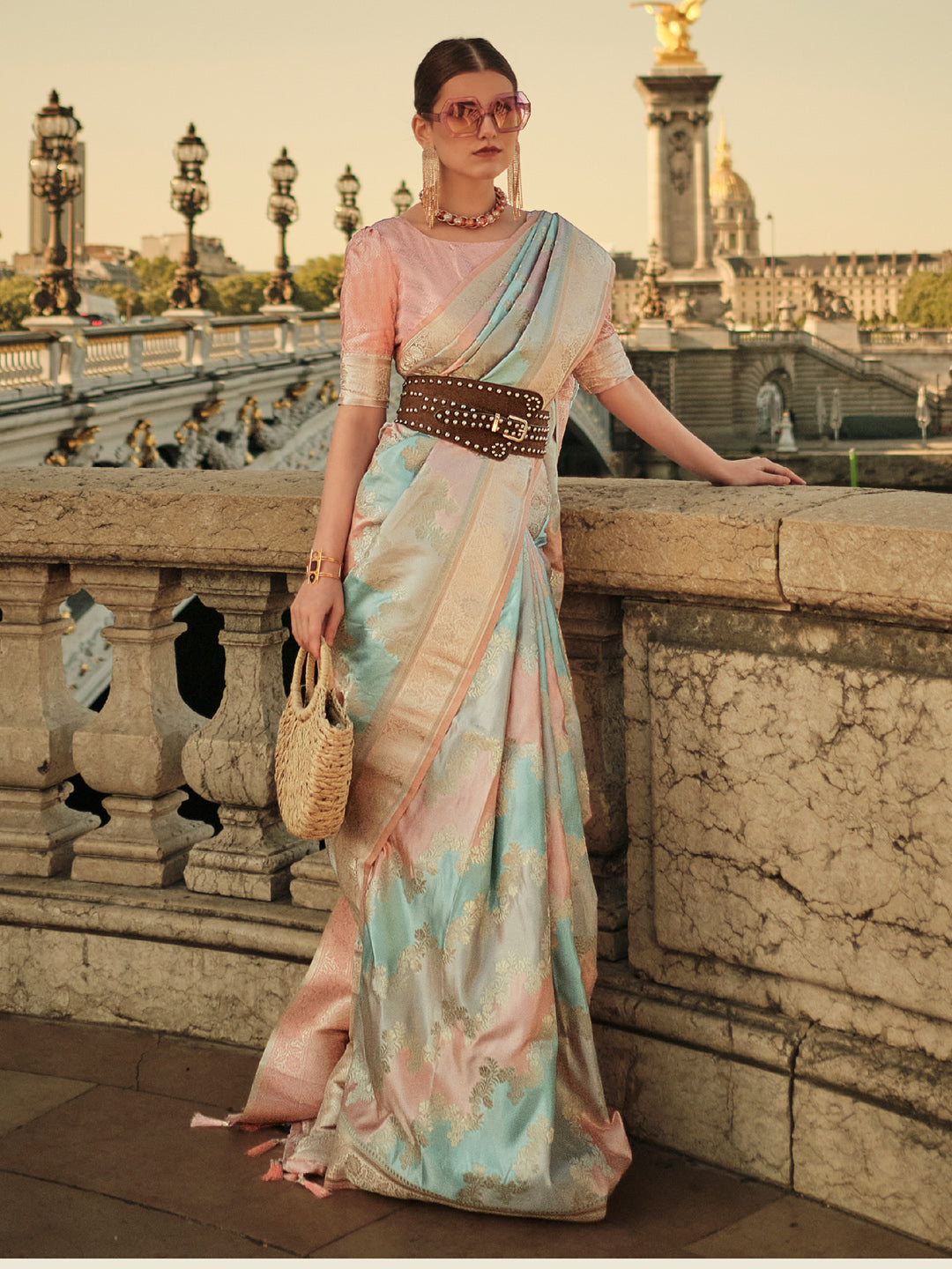 Satin Silk Peach Woven Design Designer Saree With Blouse