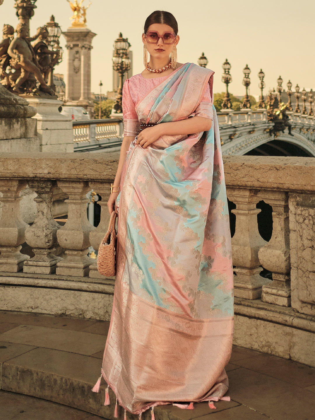 Satin Silk Peach Woven Design Designer Saree With Blouse