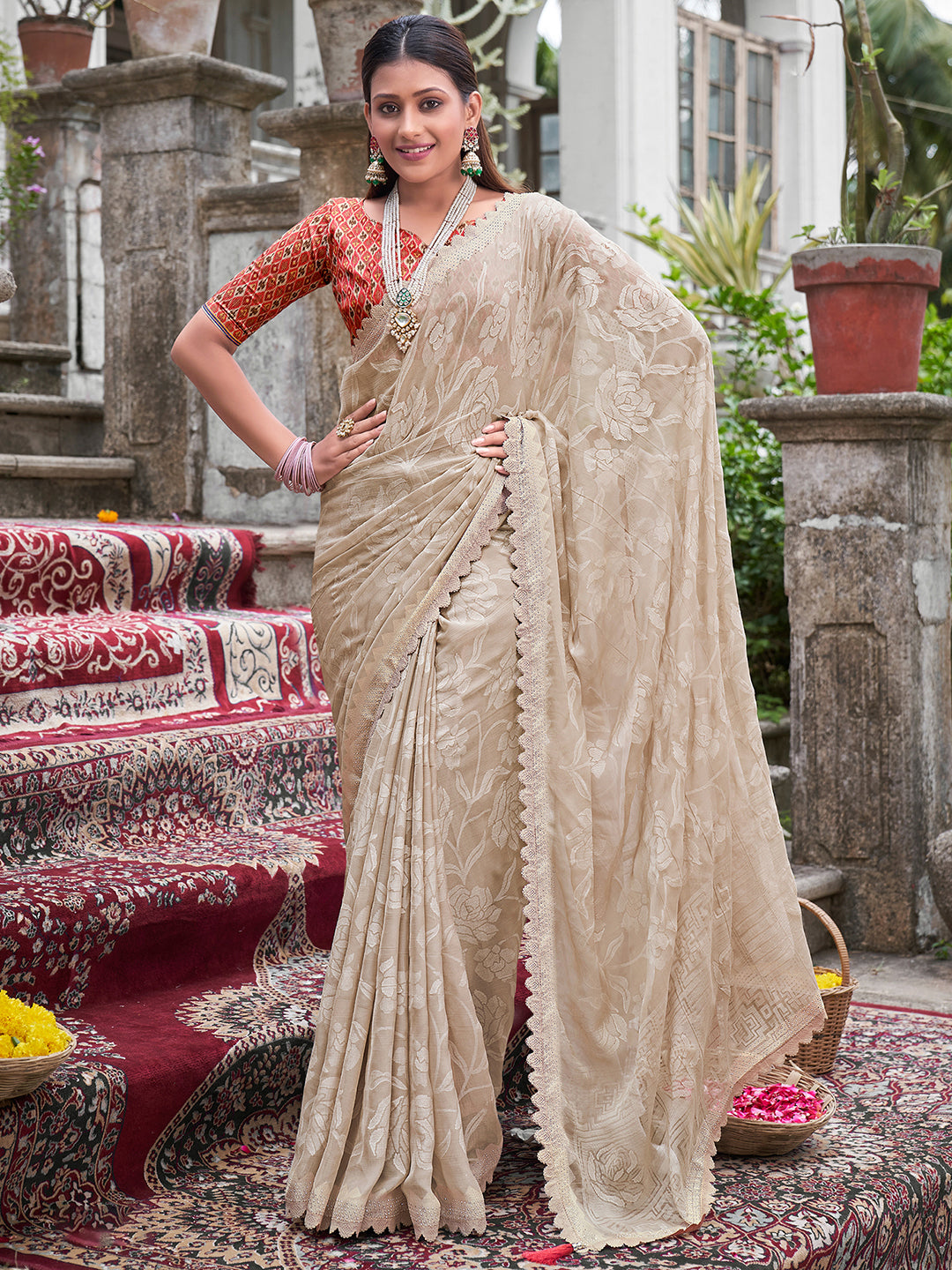 Chiffon Cream Embellished Designer Saree With Blouse