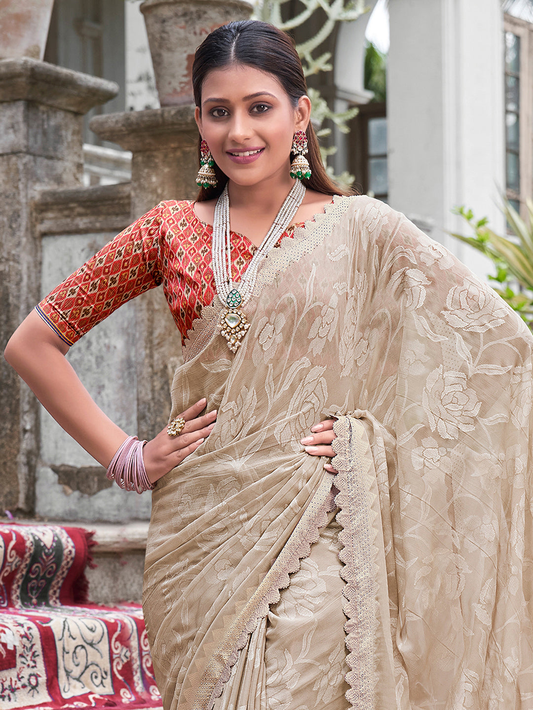 Chiffon Cream Embellished Designer Saree With Blouse