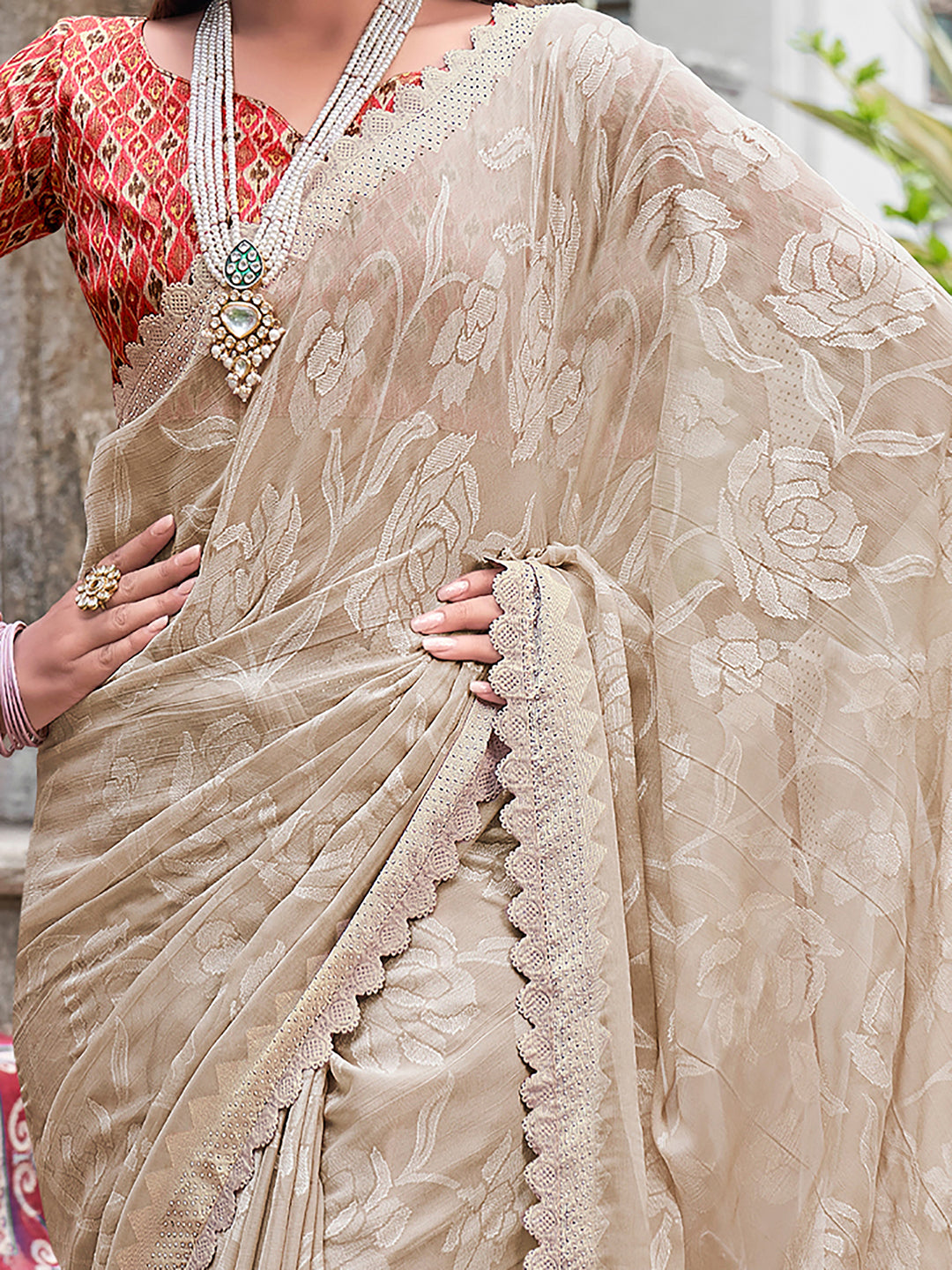 Chiffon Cream Embellished Designer Saree With Blouse