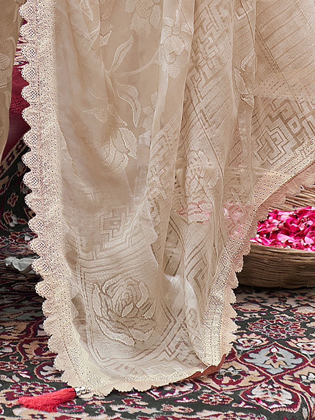 Chiffon Cream Embellished Designer Saree With Blouse