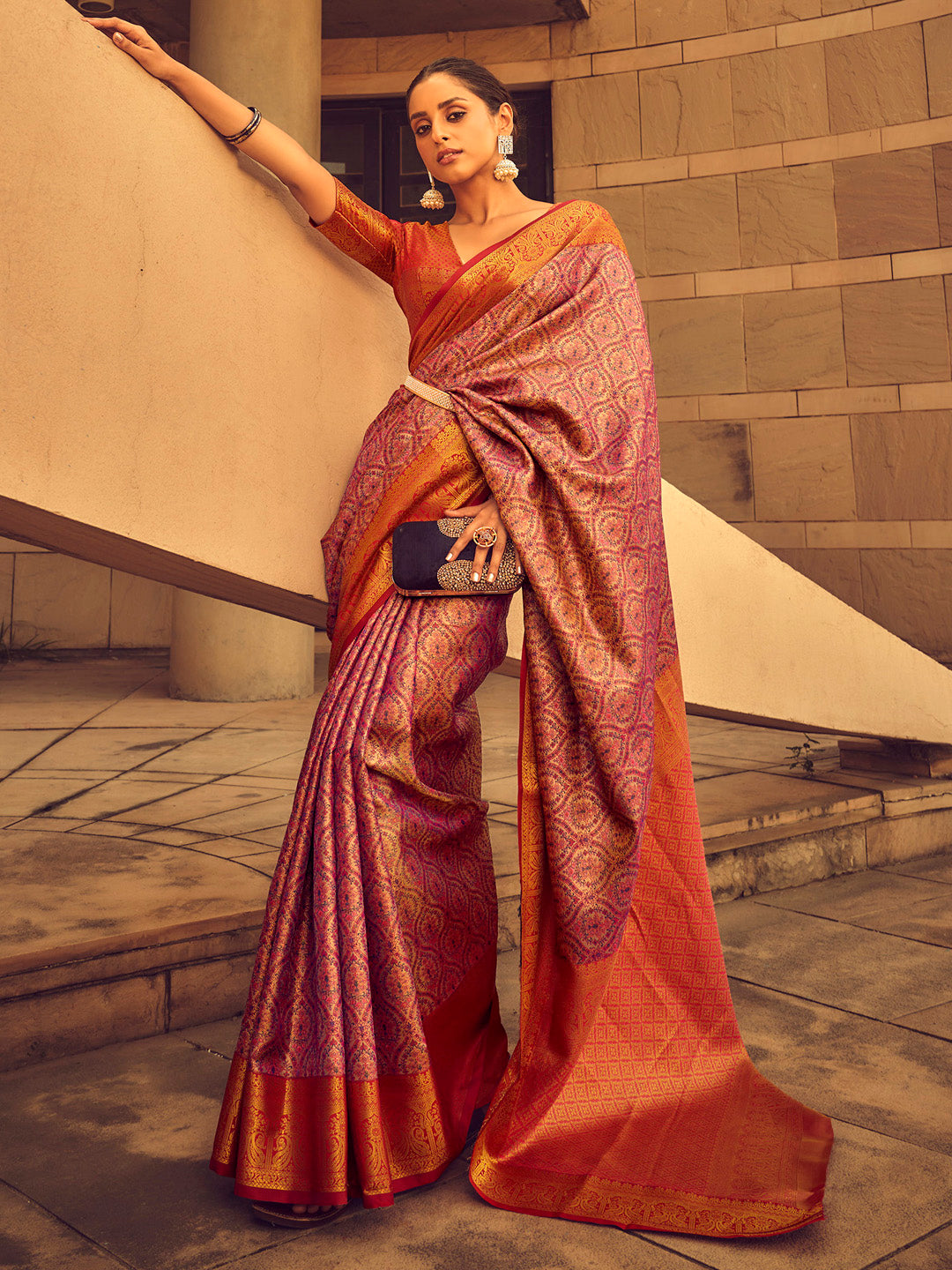 Silk Blend Mauve Woven Design Designer Saree With Blouse