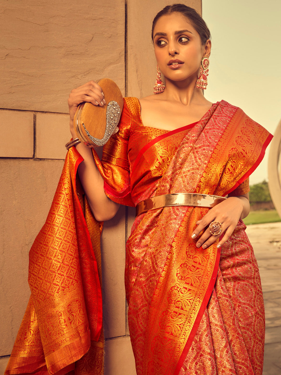 Silk Blend Peach Woven Design Designer Saree With Blouse