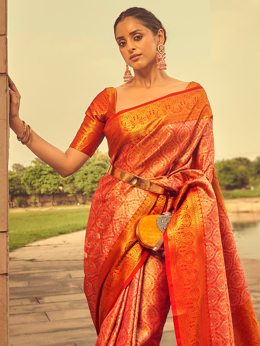 Silk Blend Peach Woven Design Designer Saree With Blouse