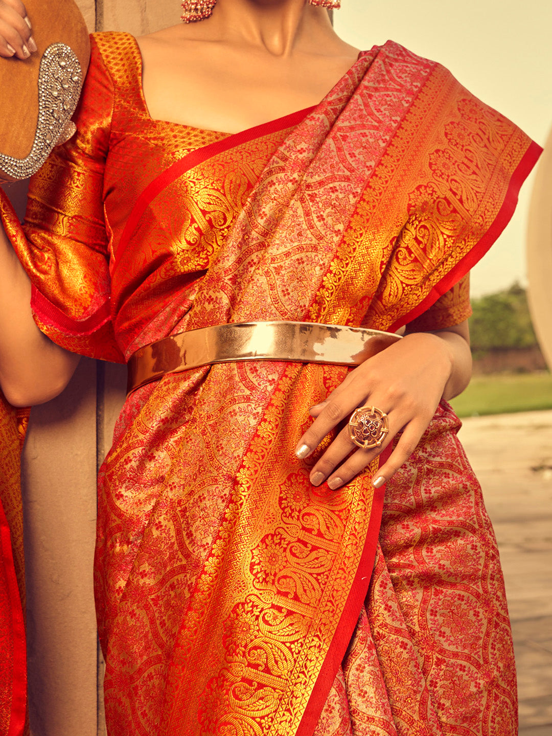 Silk Blend Peach Woven Design Designer Saree With Blouse