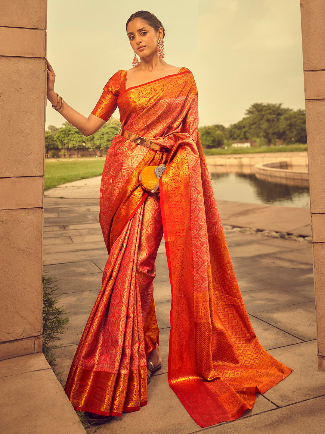 Silk Blend Peach Woven Design Designer Saree With Blouse