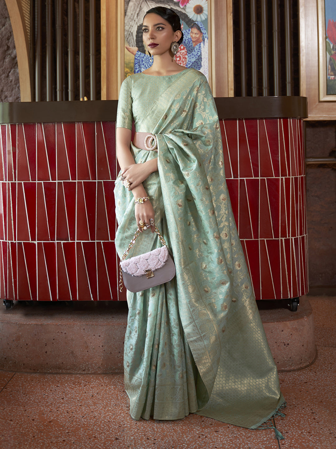 Silk Blend Sea Green Woven Design Designer Saree With Blouse