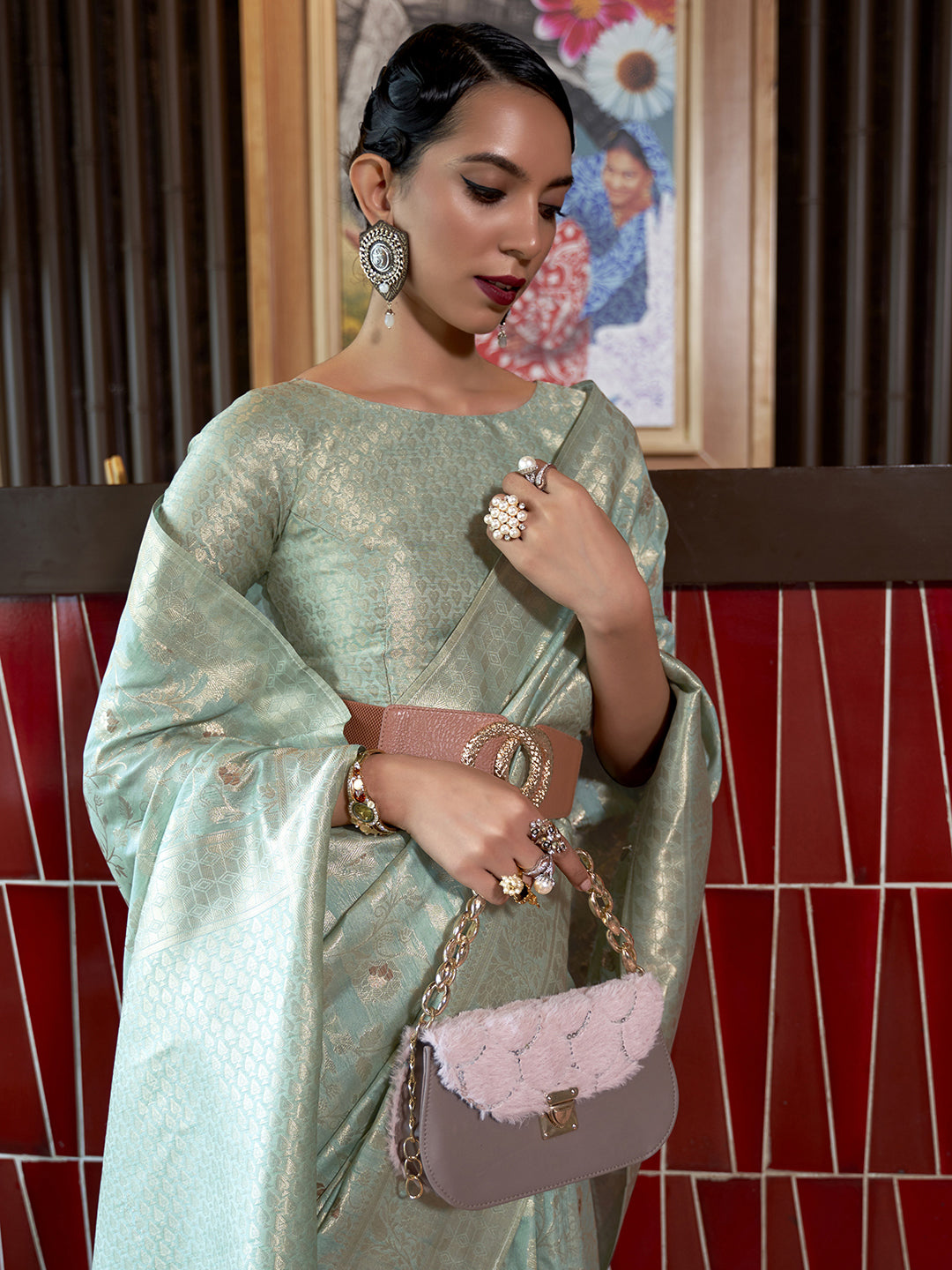 Silk Blend Sea Green Woven Design Designer Saree With Blouse