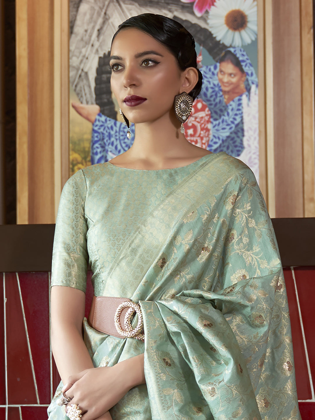 Silk Blend Sea Green Woven Design Designer Saree With Blouse