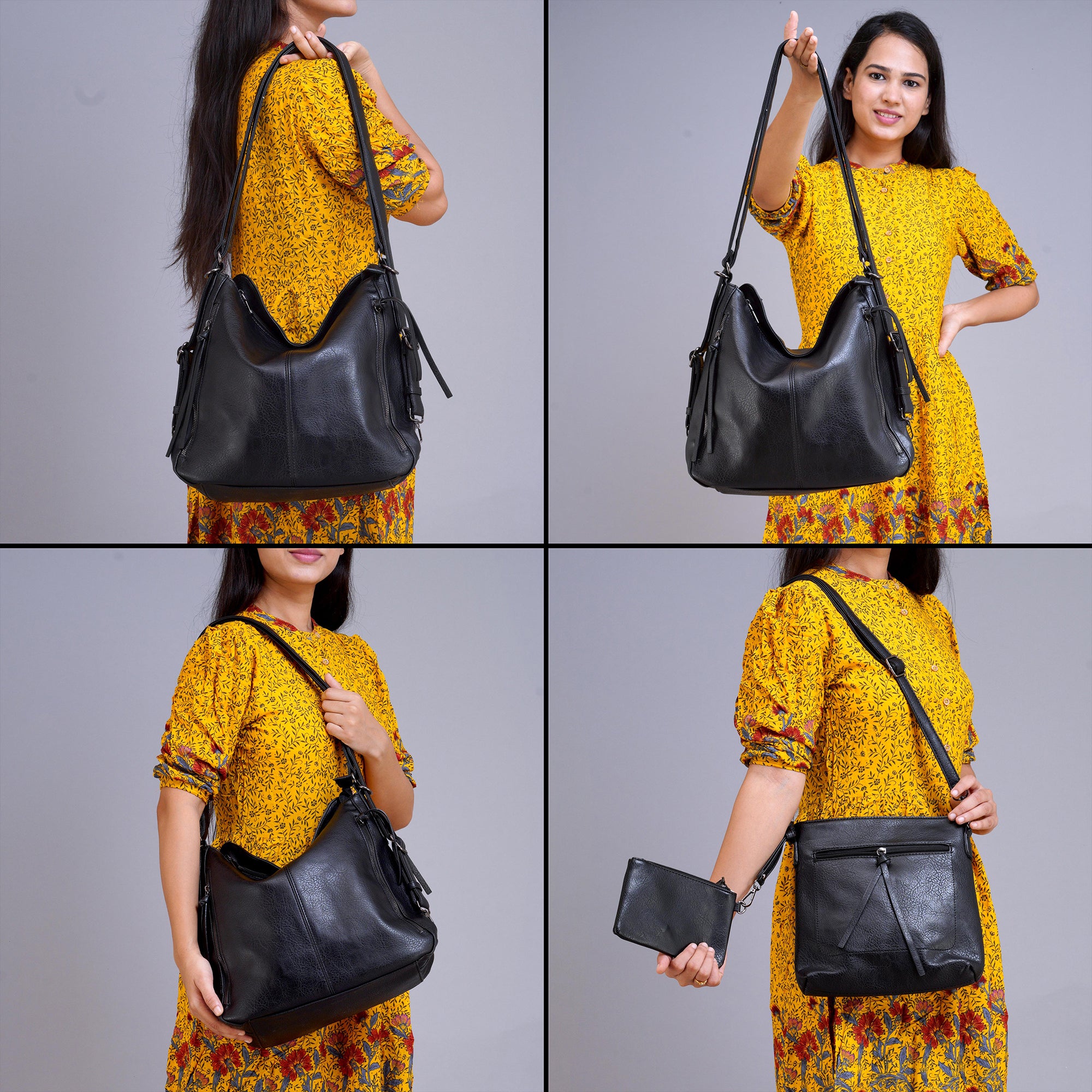Set Of 3 Black Light Weight Pu Leather Handbag Combo For Women