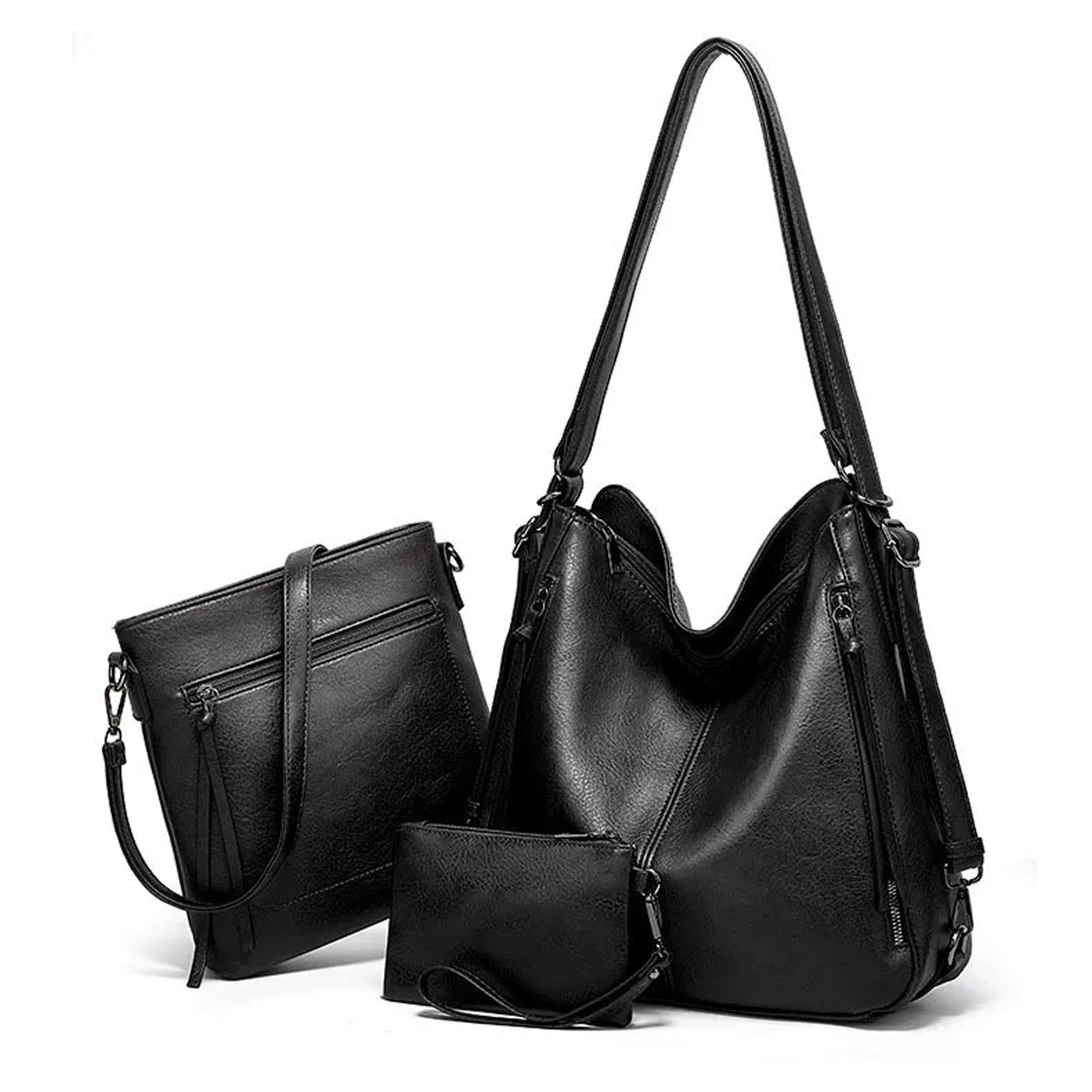 Set Of 3 Black Light Weight Pu Leather Handbag Combo For Women