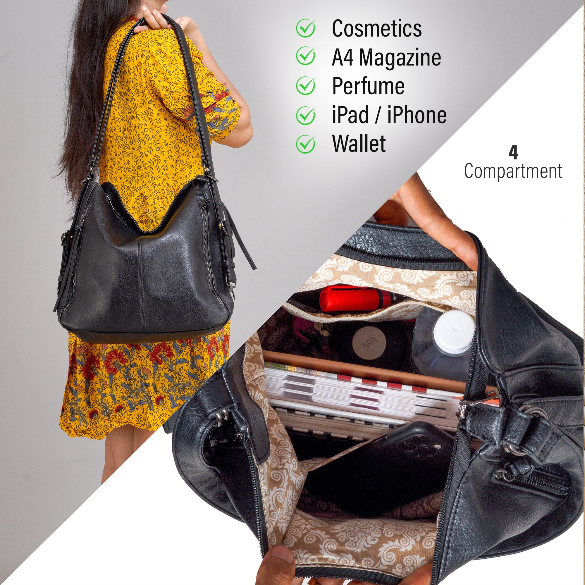 Set Of 3 Black Light Weight Pu Leather Handbag Combo For Women