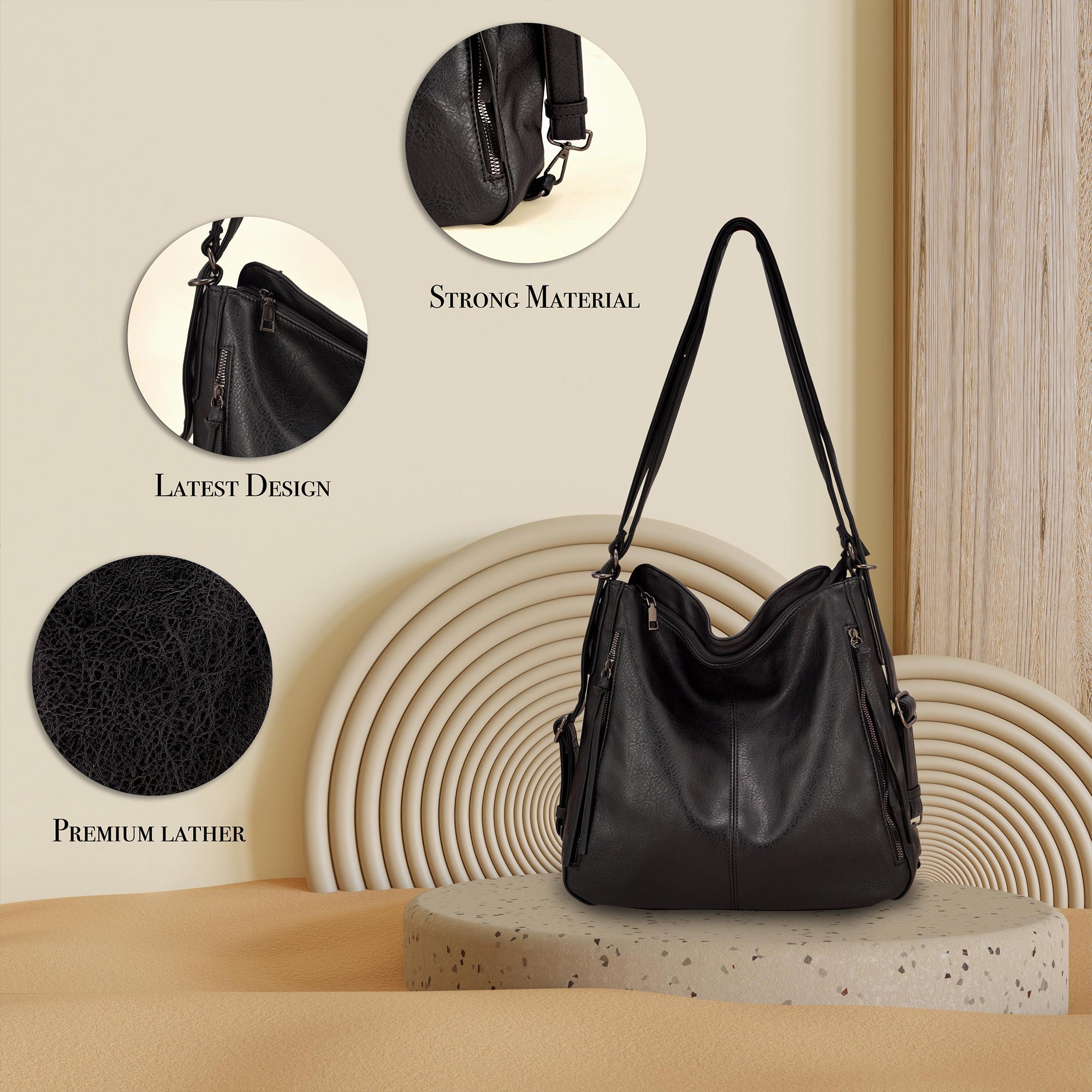 Set Of 3 Black Light Weight Pu Leather Handbag Combo For Women
