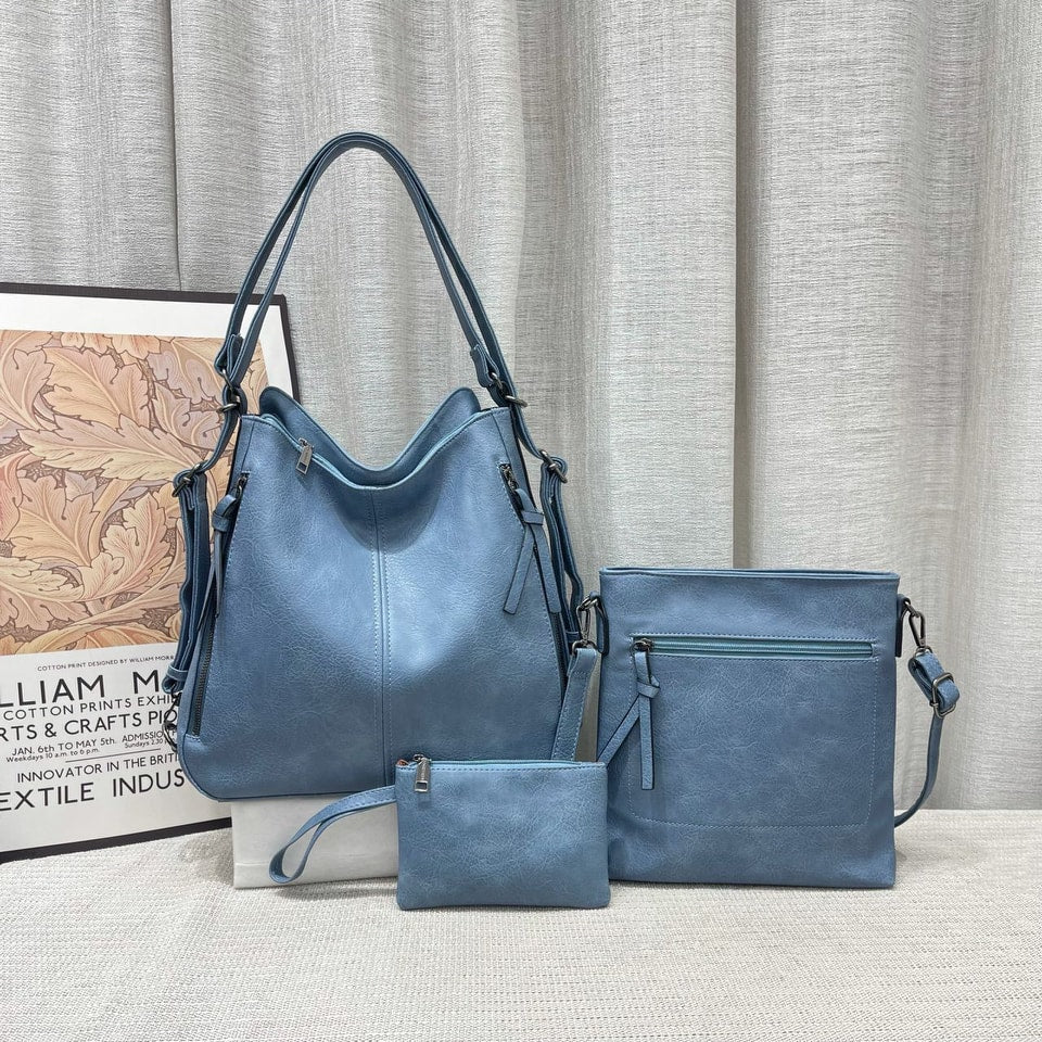Set Of 3 Eastern Blue Light Weight Pu Leather Handbag Combo For Women