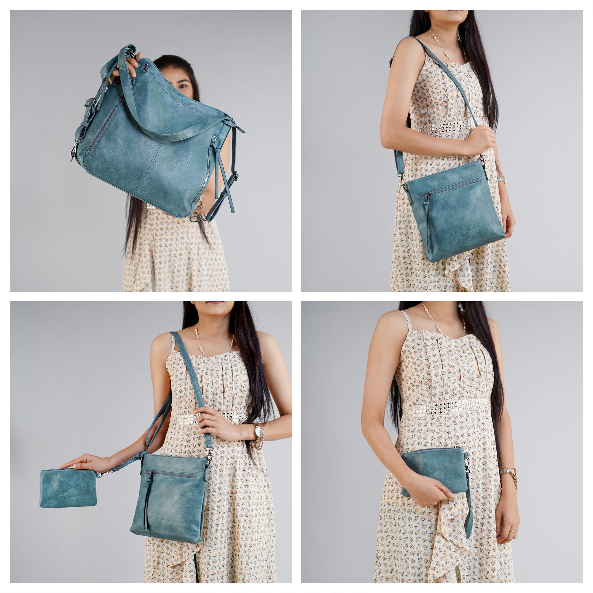 Set Of 3 Eastern Blue Light Weight Pu Leather Handbag Combo For Women