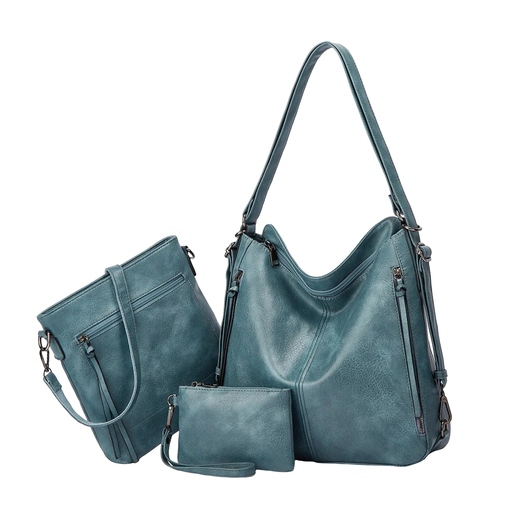 Set Of 3 Eastern Blue Light Weight Pu Leather Handbag Combo For Women