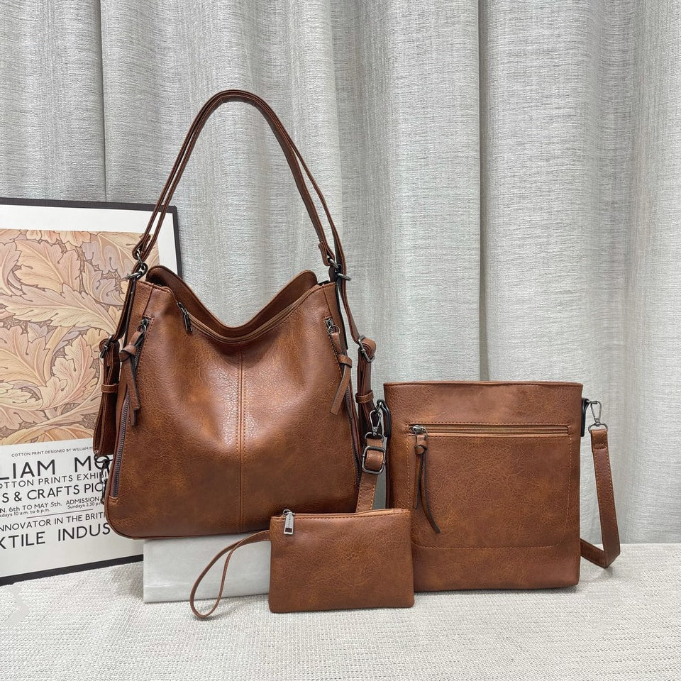 Set Of 3 Brown Light Weight Pu Leather Handbag Combo For Women