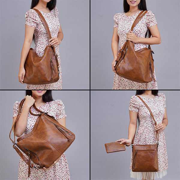 Set Of 3 Brown Light Weight Pu Leather Handbag Combo For Women