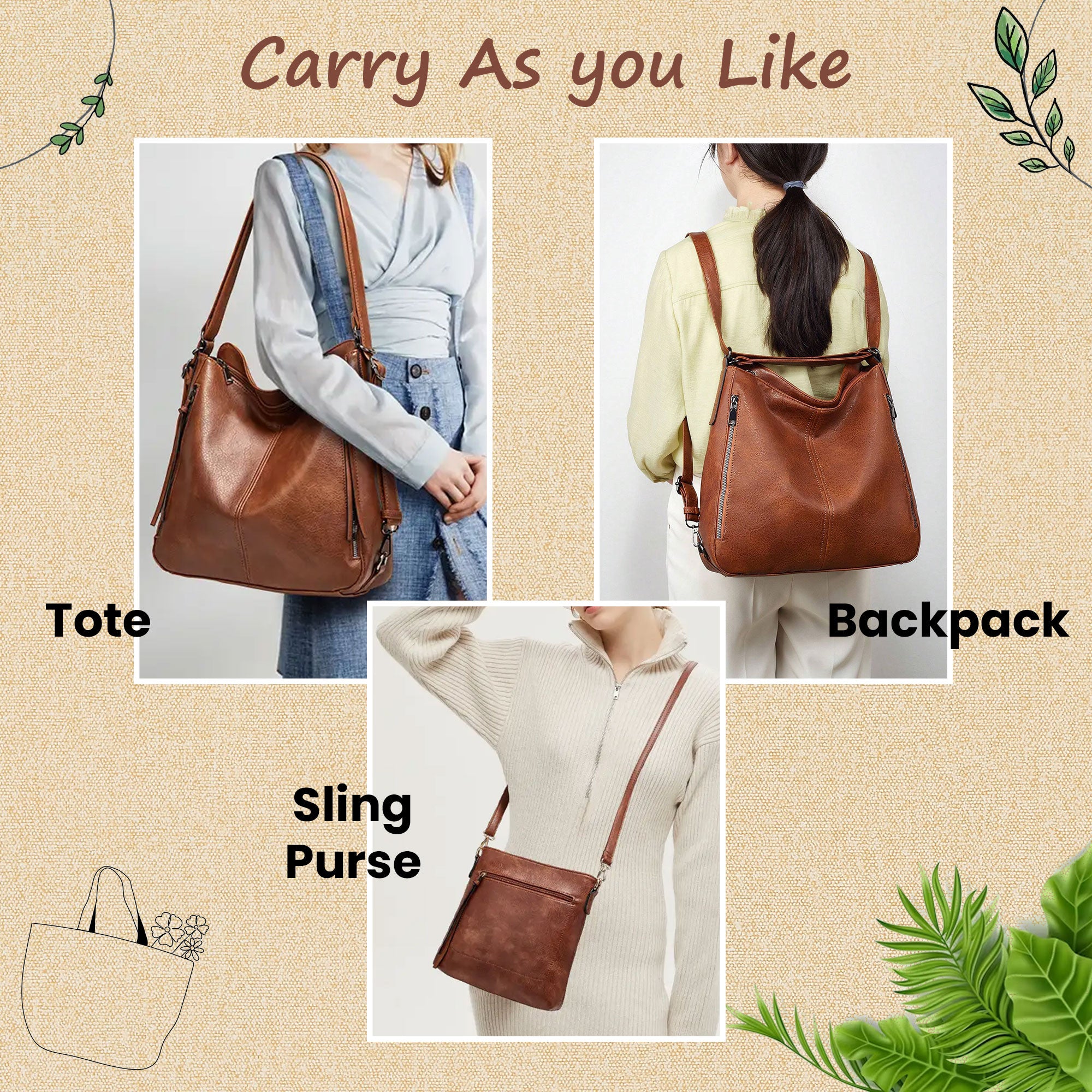 Set Of 3 Brown Light Weight Pu Leather Handbag Combo For Women