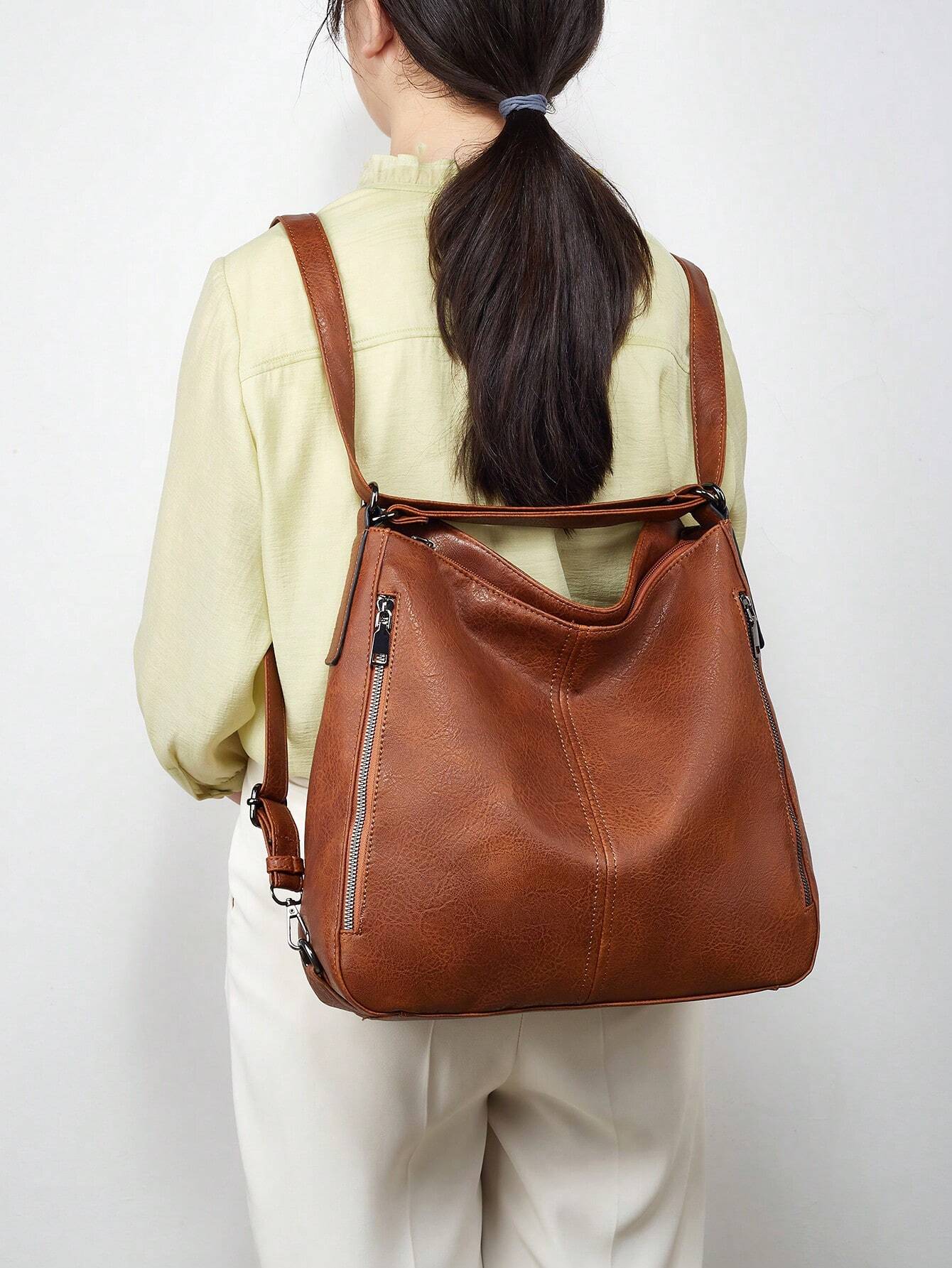 Set Of 3 Brown Light Weight Pu Leather Handbag Combo For Women