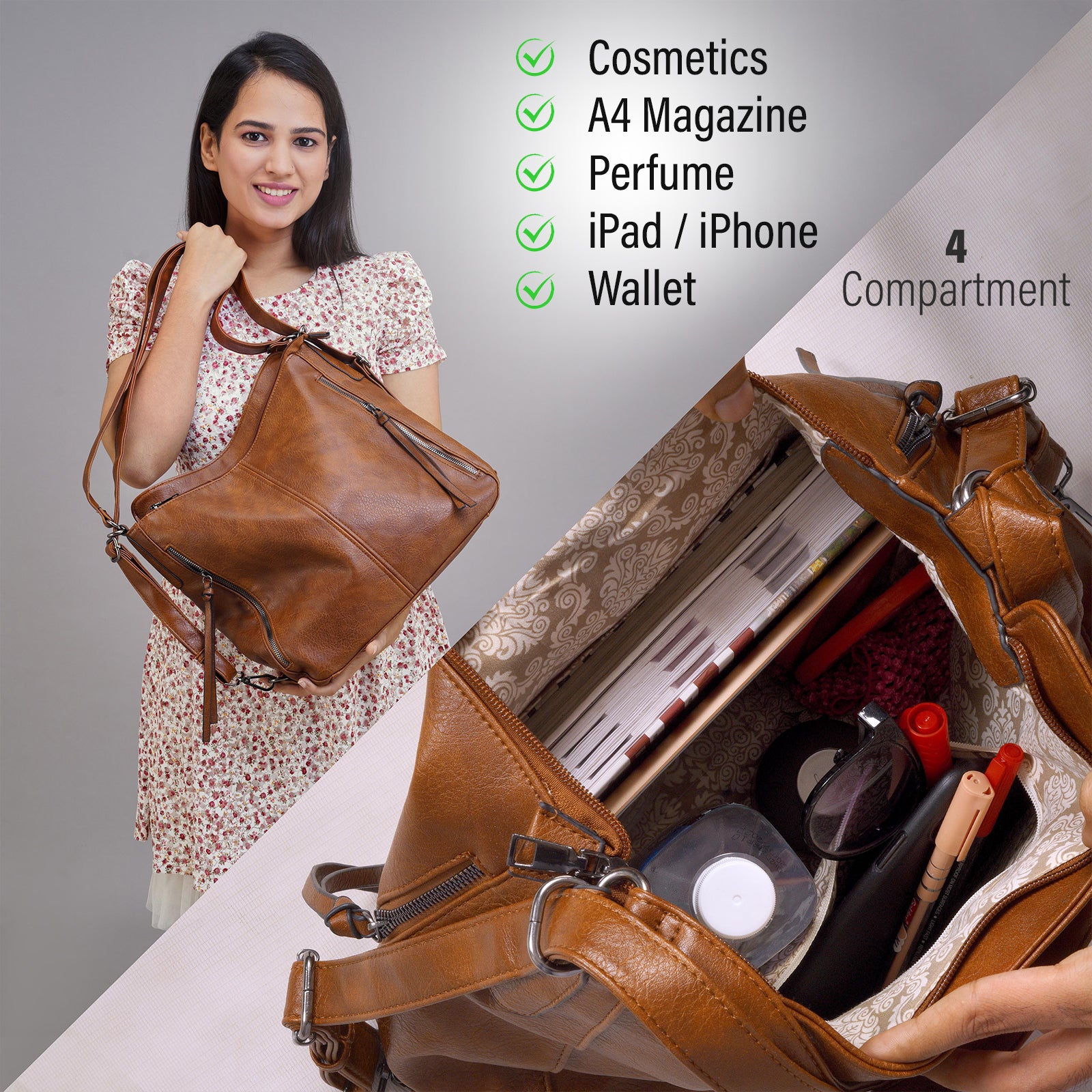 Set Of 3 Brown Light Weight Pu Leather Handbag Combo For Women
